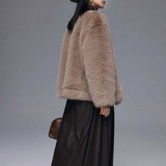 Taupe Faux Fur Double Breasted Crop Coat - Picture 7 of 7